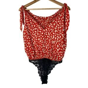 Intimately Free People Women's Size S Red Black Lace Tie Strap Bodysuit